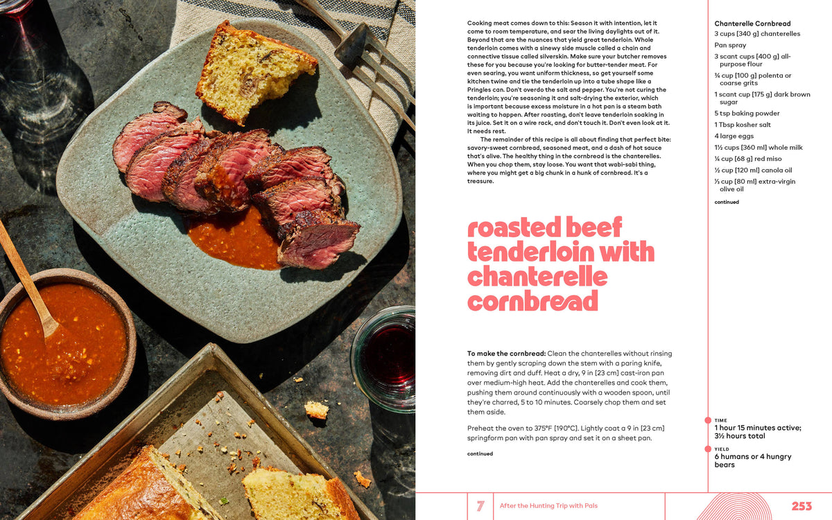 Plated roasted beef tenderloin with chiantreille cornbread on a table with a recipe description.