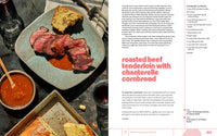 Plated roasted beef tenderloin with chiantreille cornbread on a table with a recipe description.