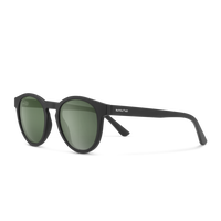 Black sunglasses with green lenses on a white background