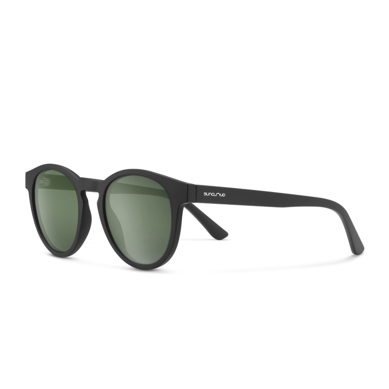Black sunglasses with green lenses on a white background
