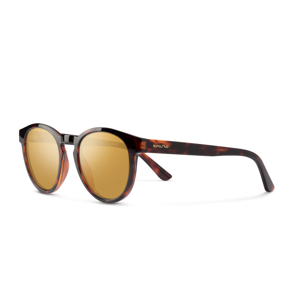 Sunglasses with tortoiseshell frame and gold lenses on a white background