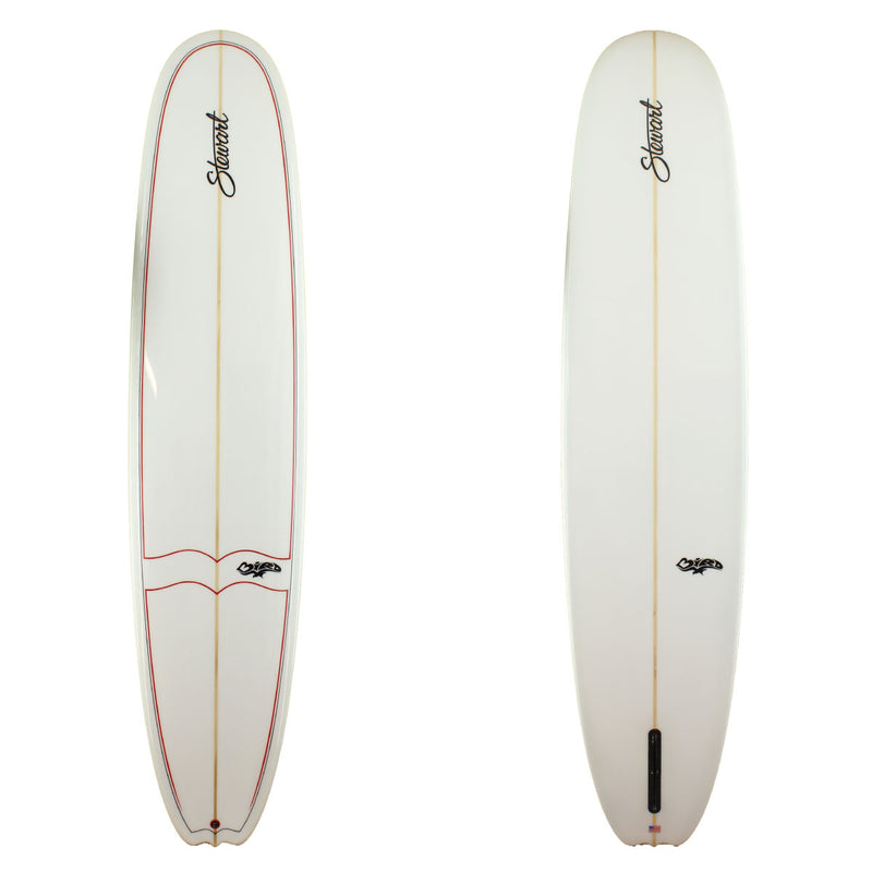 Stewart Surfboards 9'8" Bird longboard with red and black pinlines on deck, gloss and polish finish