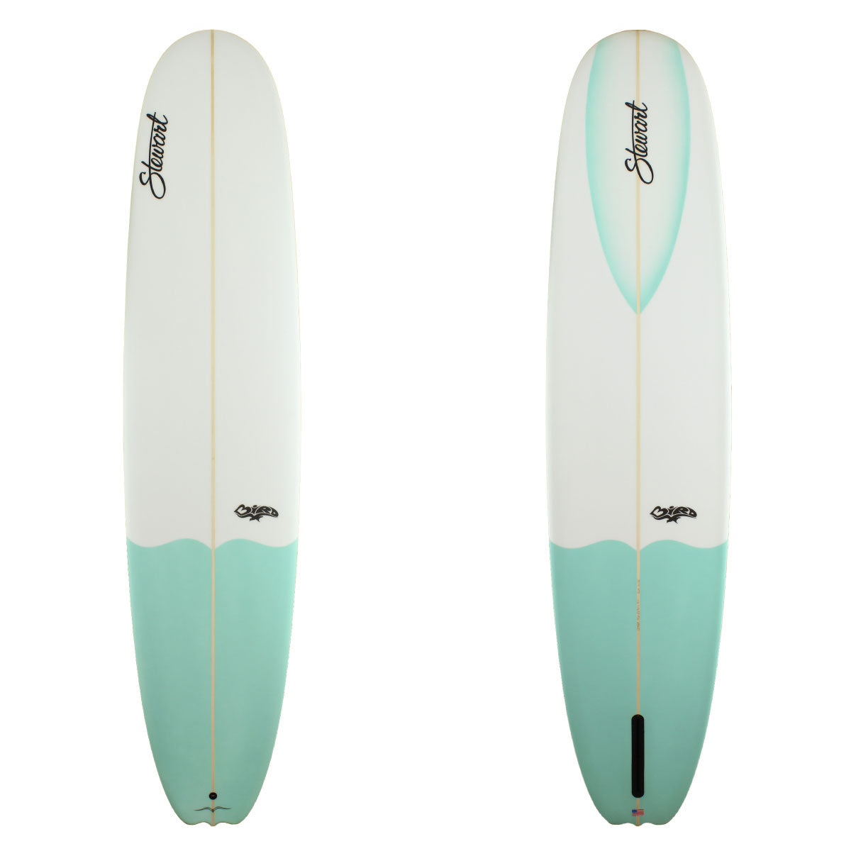 Deck and bottom view of a Stewart Bird Longboard with teal tail dip and highlight around the nose concave
