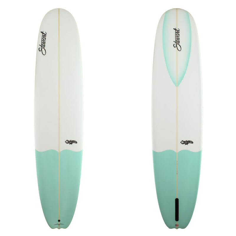 Deck and bottom view of a Stewart Bird Longboard with teal tail dip and highlight around the nose concave