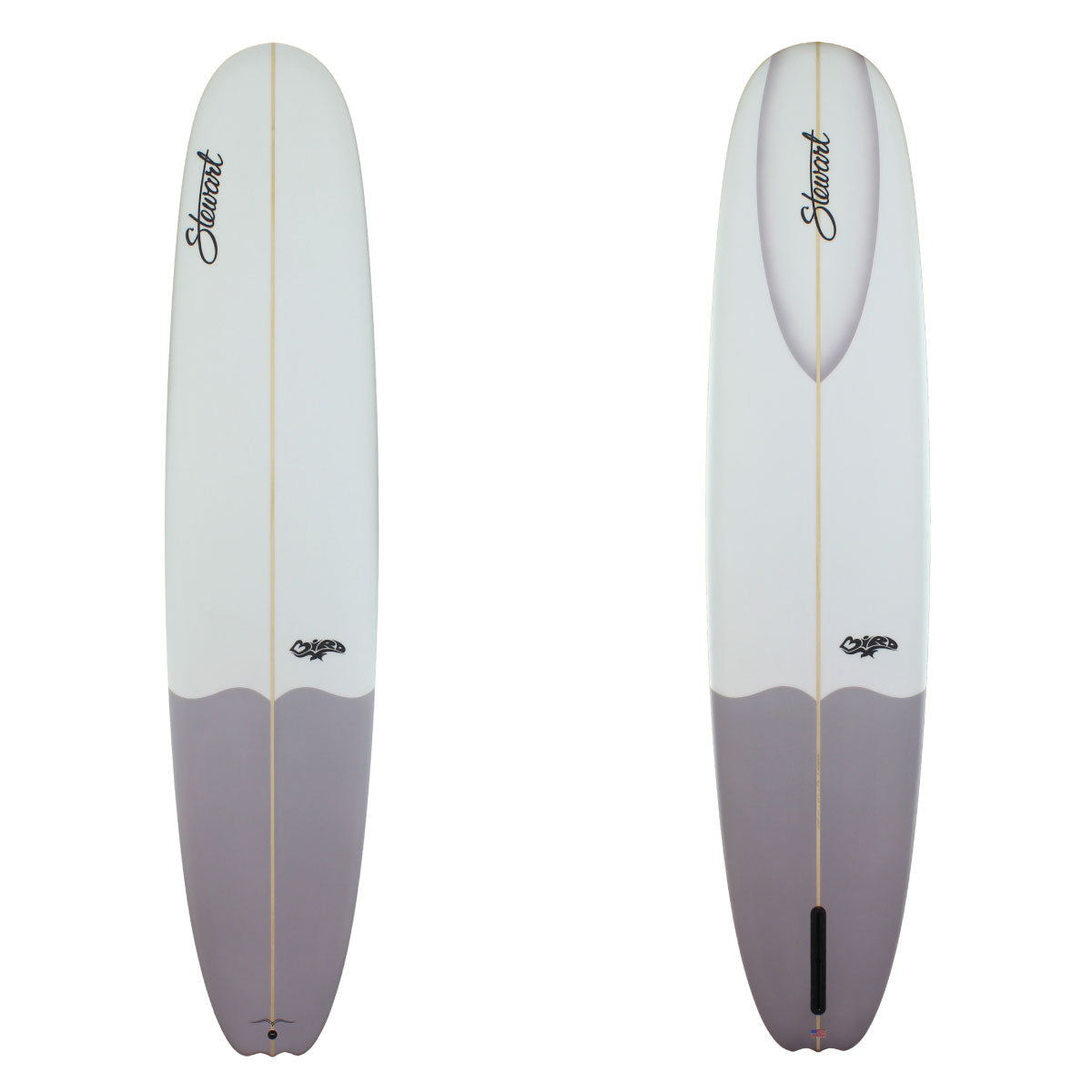 stewart bird longboard with a grey tail dip and highlights on the nose concave