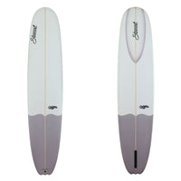 stewart bird longboard with a grey tail dip and highlights on the nose concave