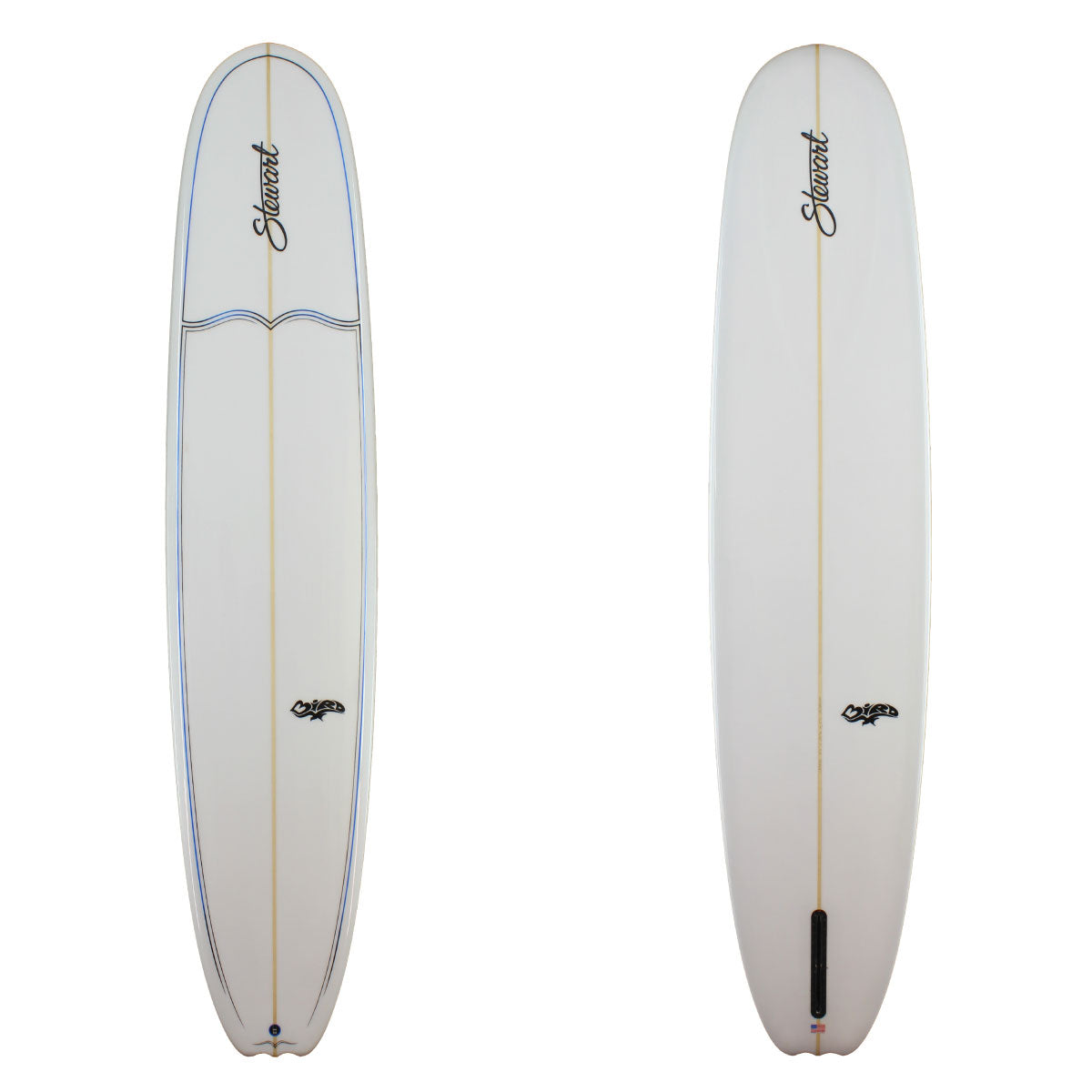 stewart bird longboard with black and blue pinlines and a gloss finish