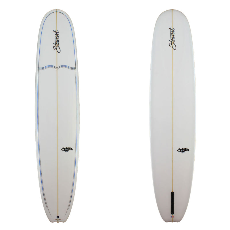 stewart bird longboard with black and blue pinlines and a gloss finish