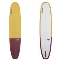 Deck and Bottom View of Stewart Bird Longboard maroon and yellow painted deck, black pinline, sand finish