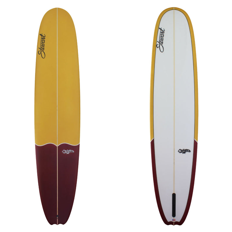 a bird longboard with yellow and red panels on the deck 