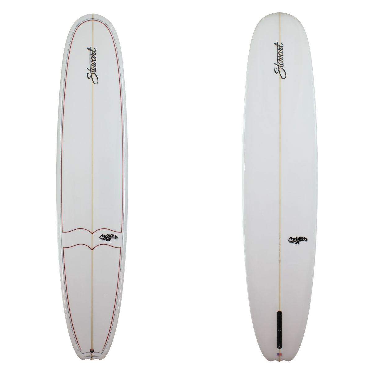 clear Stewart bird longboard with gloss finish and maroon pinlines