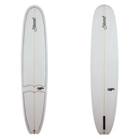 clear Stewart bird longboard with gloss finish and maroon pinlines