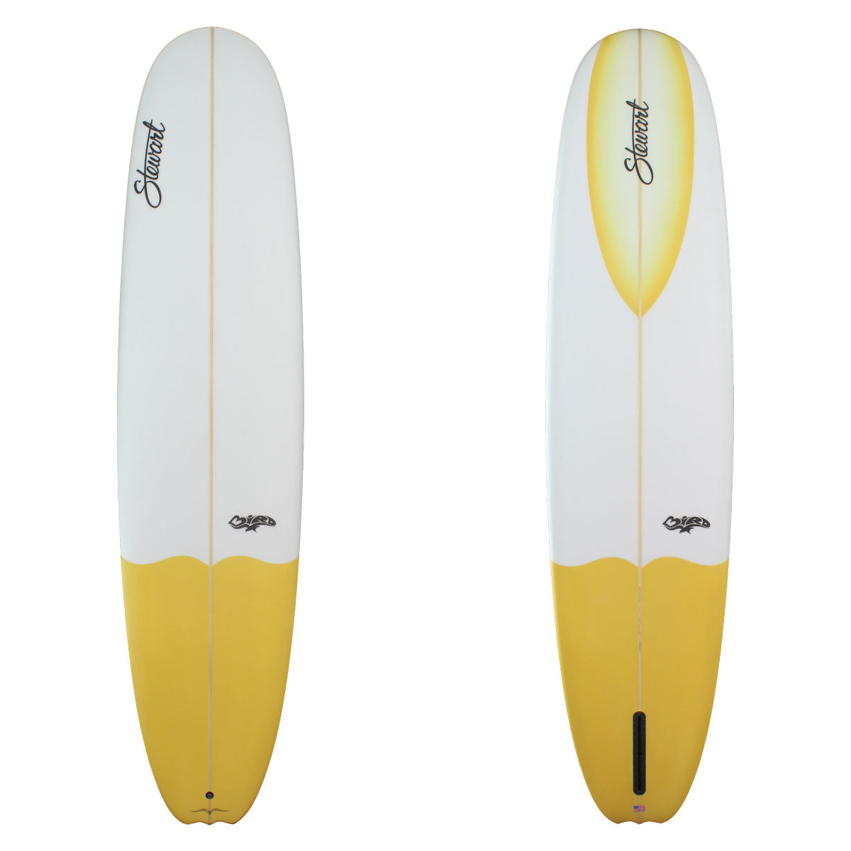 stewart bird longboard with yellow tail dip and nose concave highlight