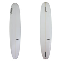 stewart bird longboard with clear white sand finish and black logos