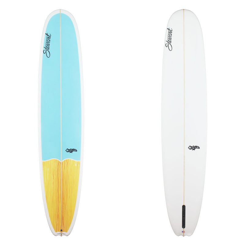 Stewart Longboard 9'8" Bird (9'8", 23 3/4", 3 3/8") B#128669 with yellow acid splashed tail dip and blue nose deck panel