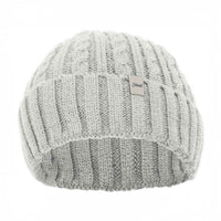 Knitted beanie with a brand label on a white background