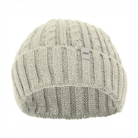 Knitted beanie with a brand label on a white background