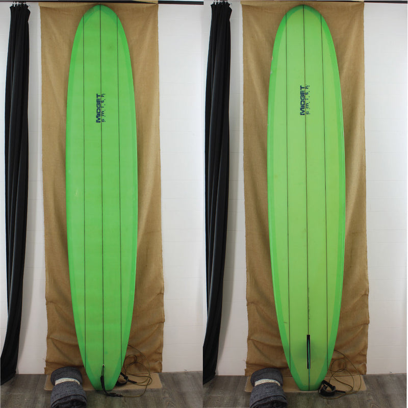 Deck and bottom view of a used Midget Smith Longboard with Green resin tint and gloss finish 