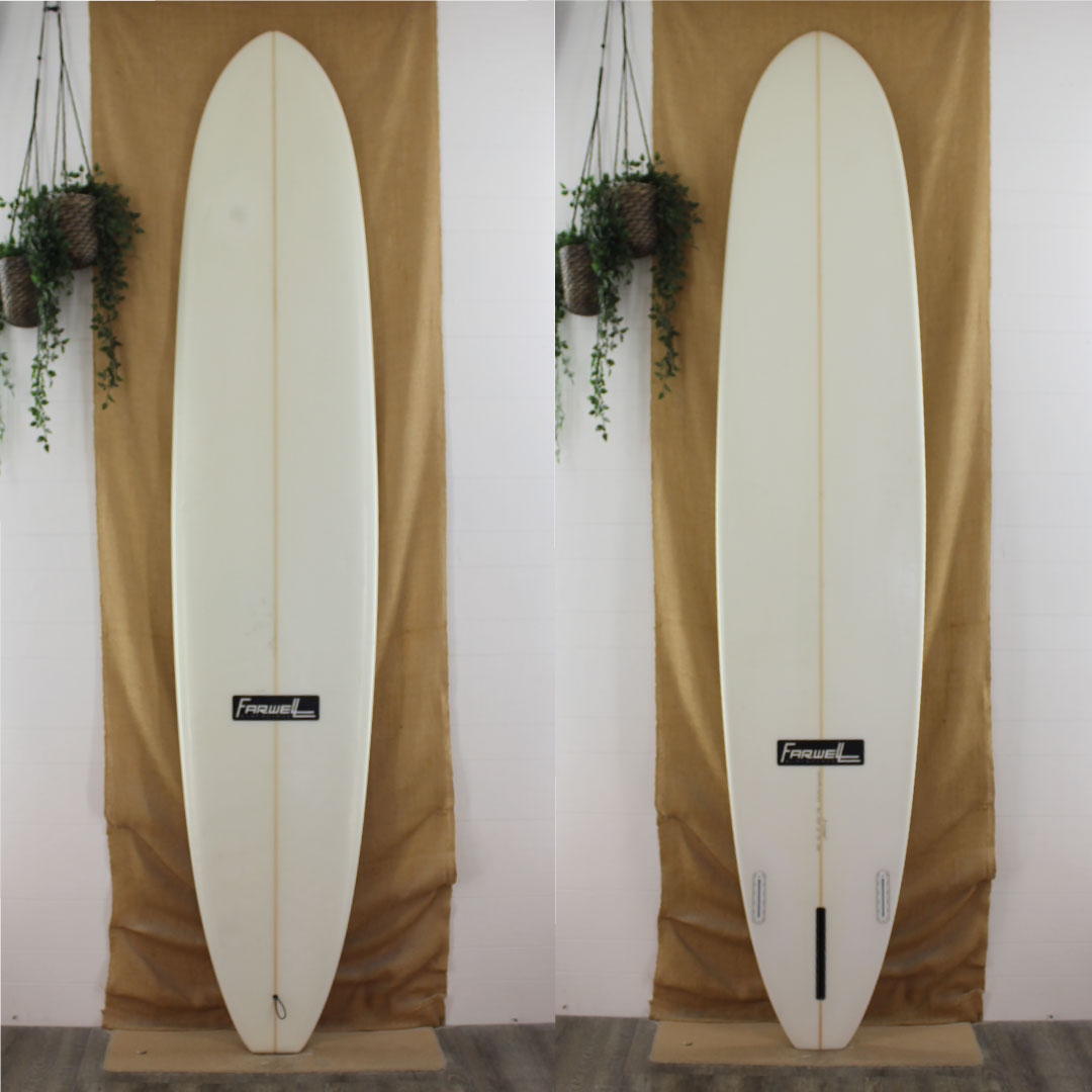 USED Farewell 9'6" x 22 7/8" x 3" Poly Longboard clear glassjob 