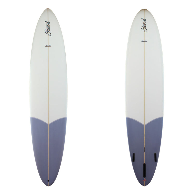 Deck and bottom view of a Stewart Clydesdale Longboard with most of the board being white with the last quarter of the bottom of the board has a blueish grey paint spray and a sand finish 