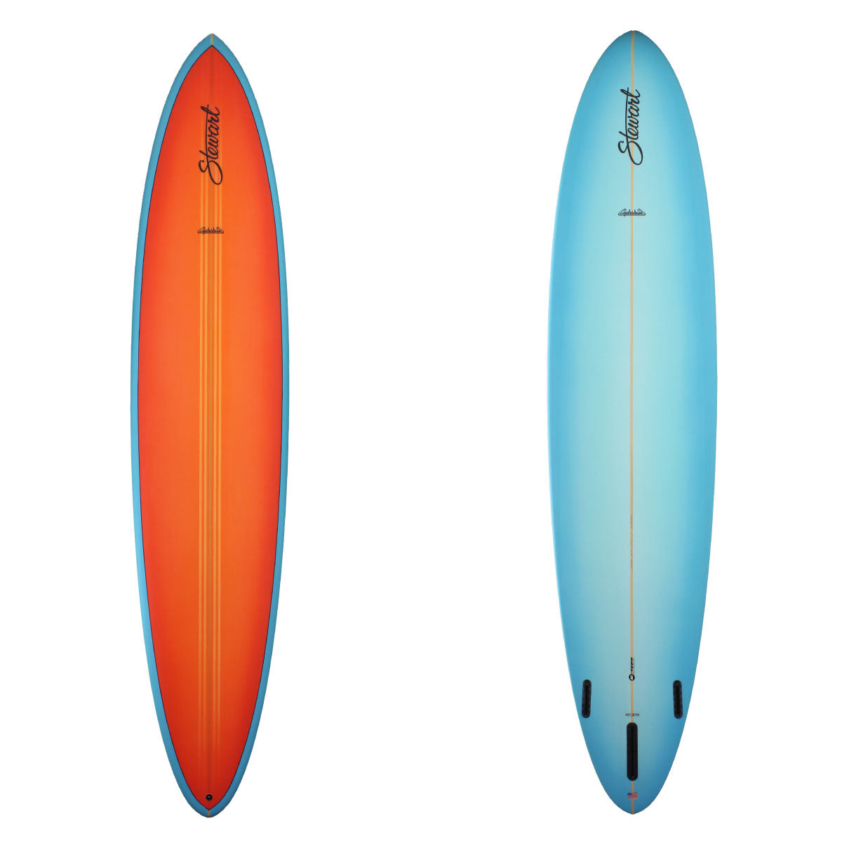 deck and bottom view of stewart clydesdale with an orange painted deck and a blue painted bottom