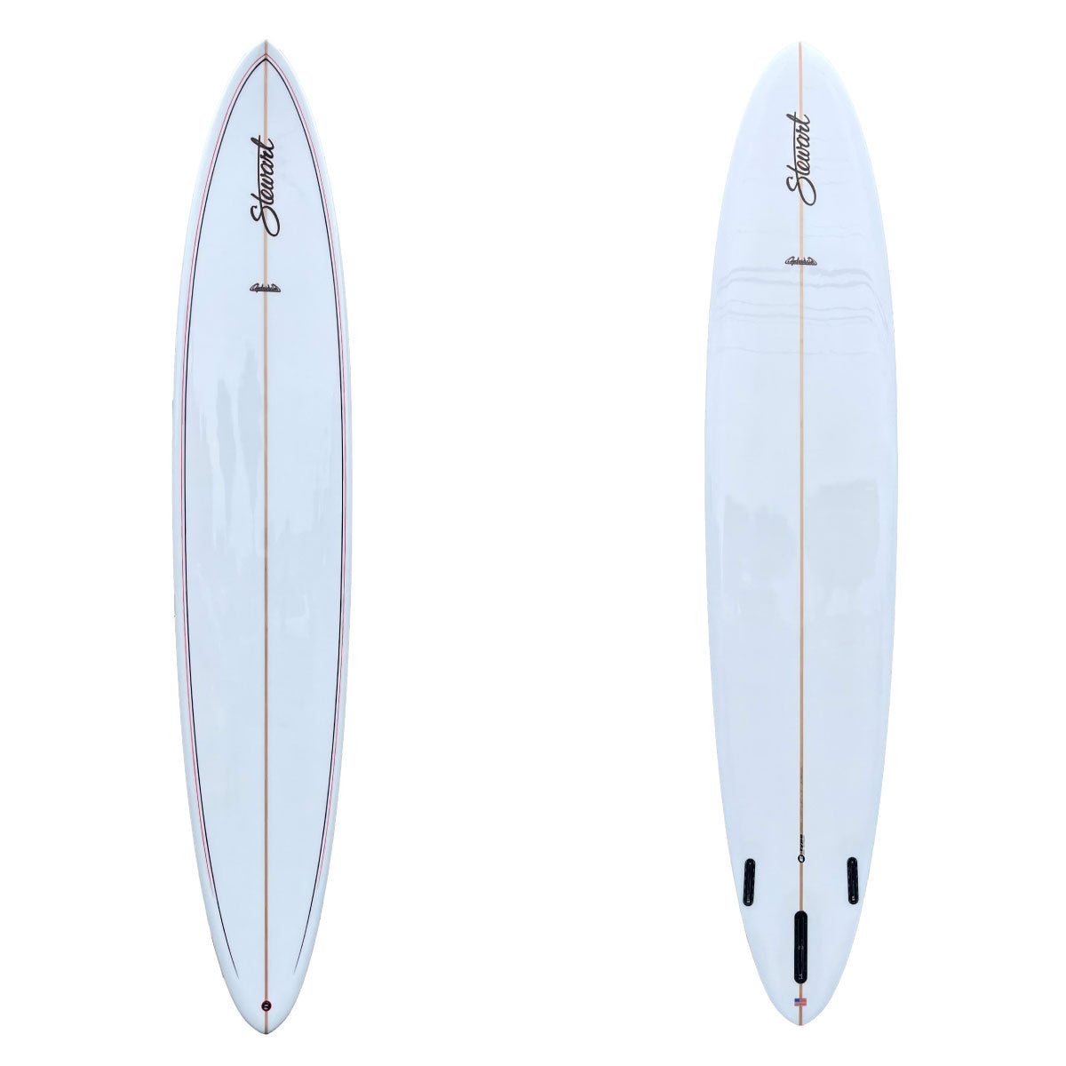 clydesdale long board with gloss finish, black and red pinlines