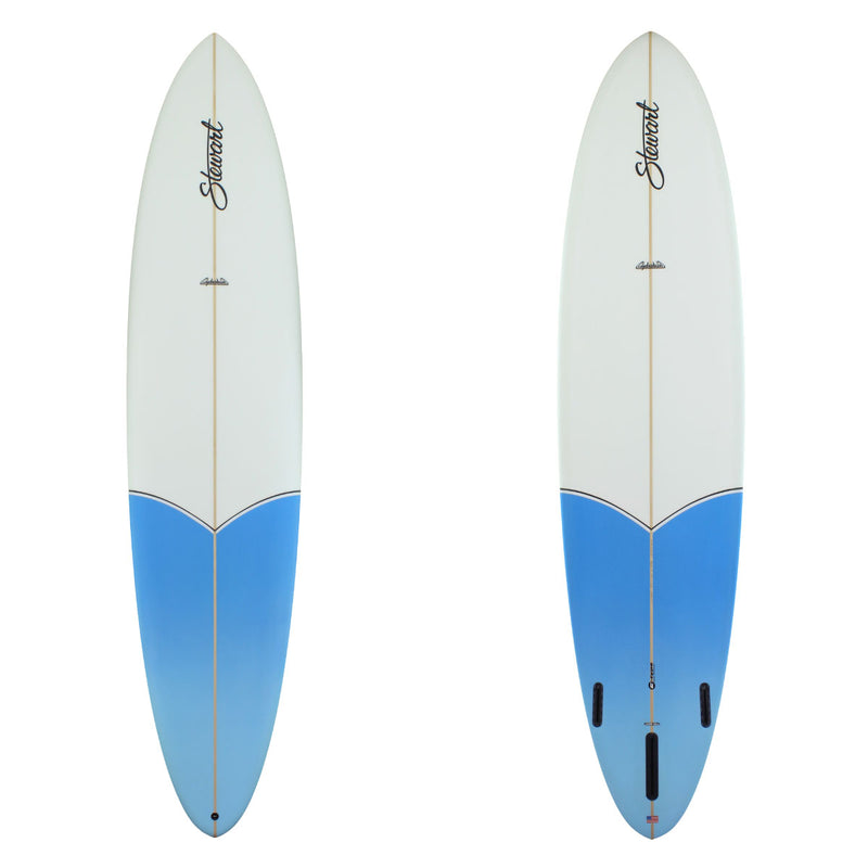 Clydesdale longboard with blue "v" tail dip with a black pinline 