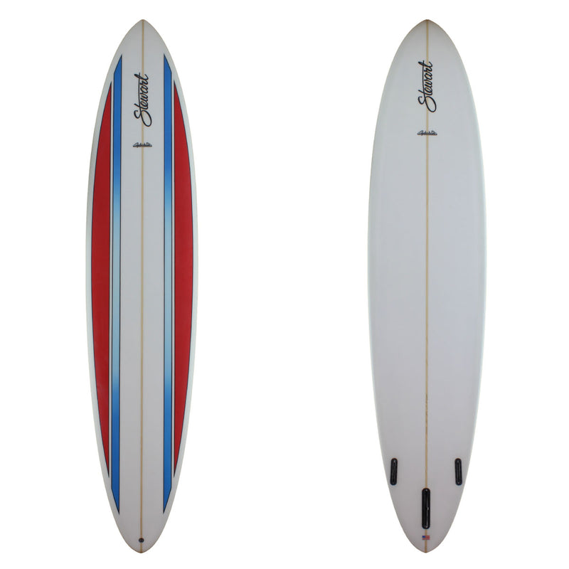 A Stewart Clydesdale Longboard with blue and red stripes on the rails