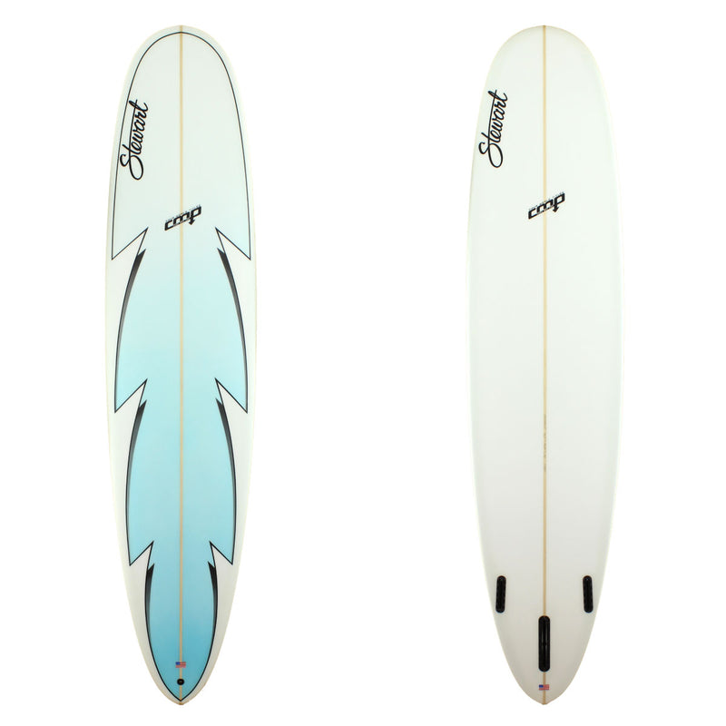 Stewart Surfboards 9'0 CMP longboard with light blue deck and black pinlines, clear white bottom and rails