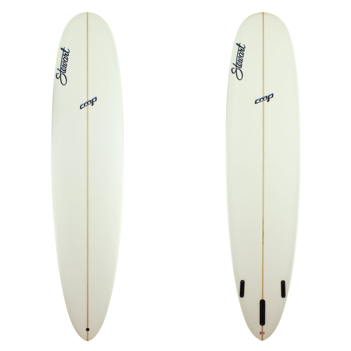 Stewart Surfboards 9'0 CMP longboard with clear white deck and bottom
