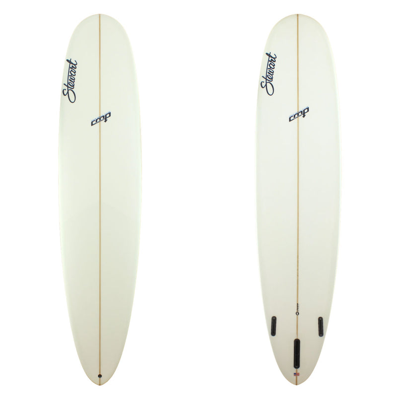 Stewart Surfboards 9'0 CMP longboard with clear white deck and bottom