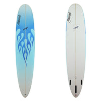 Stewart cmp longboard with blue fade and white-blue flame on the deck