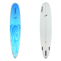 stewart surfboard, one side with a blue spiral design and the other white with minimal design, on a white background.