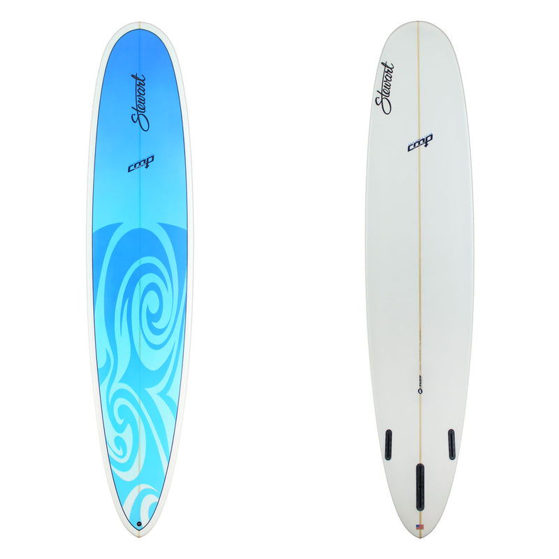 stewart surfboard, one side with a blue spiral design and the other white with minimal design, on a white background.