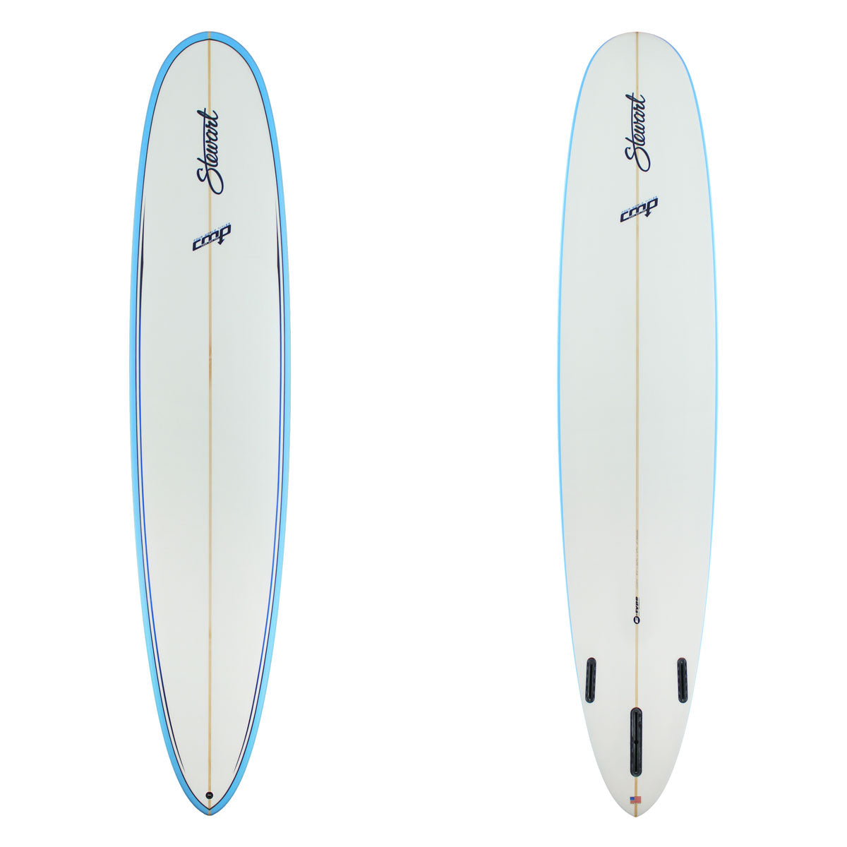 stewart cmp longboard with blue rails and black pinlne