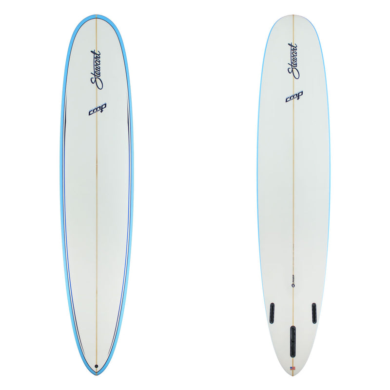 stewart cmp longboard with blue rails and black pinlne