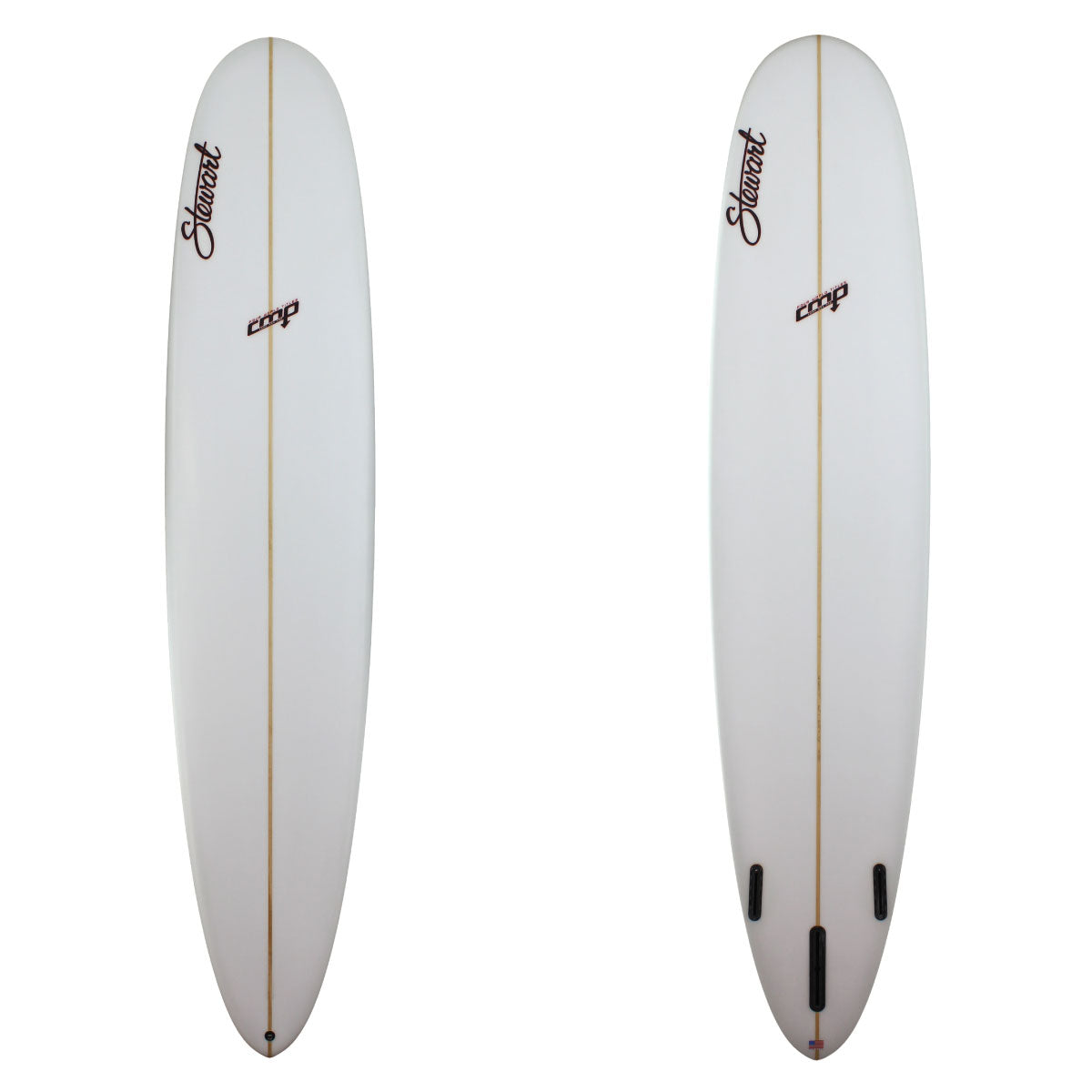 stewart cmp long board surf board with clear glass job and red logos