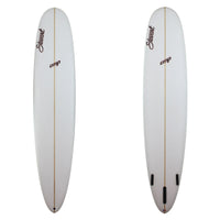 stewart cmp long board surf board with clear glass job and red logos