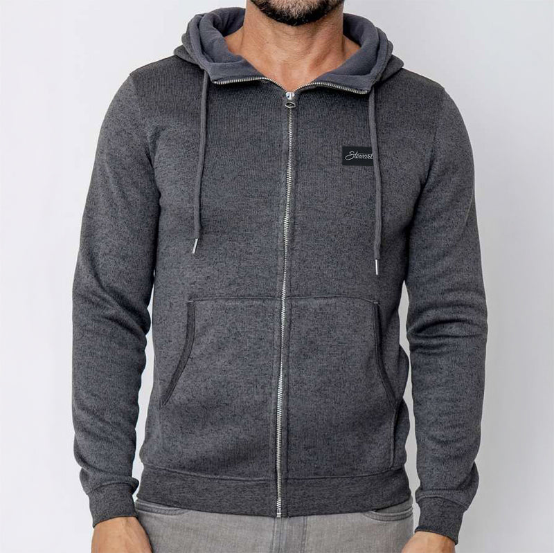 Gray hoodie with a brand logo on a white background
