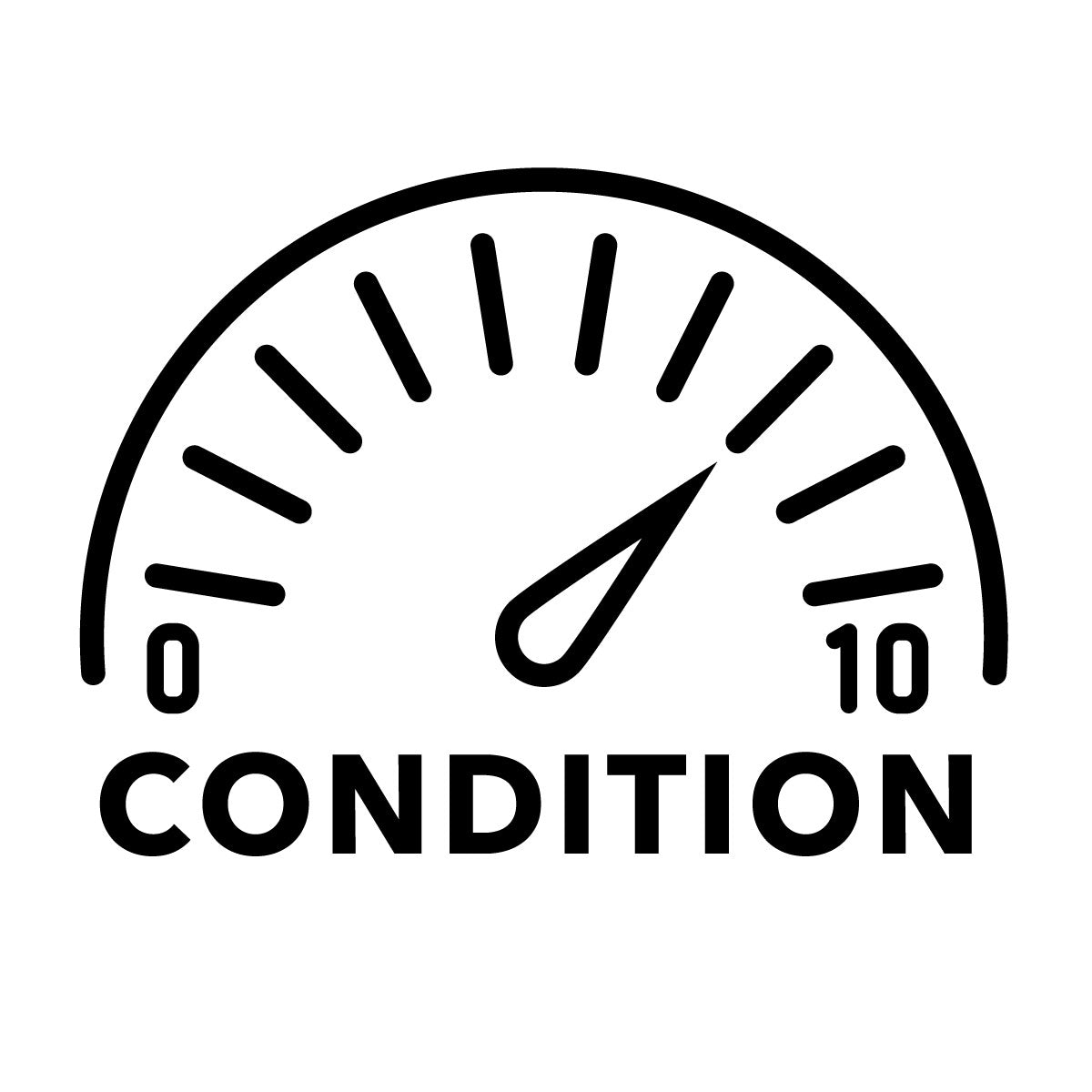 A black line-art icon of a speedometer-style gauge with the word 'CONDITION' underneath, shown on a plain white background. The gauge is signifying a condition of eight out of ten.