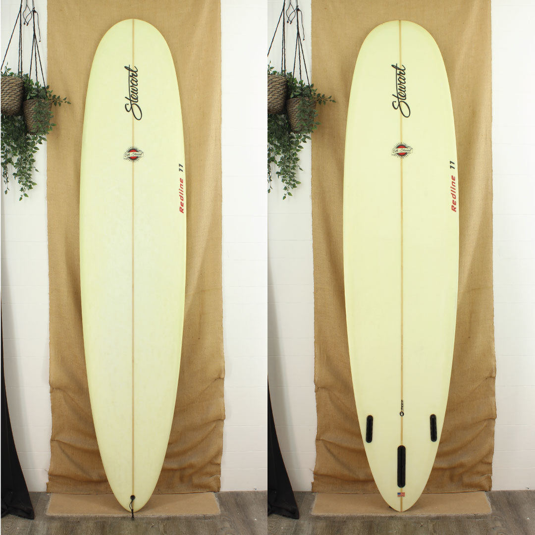 Deck and bottom view of a used Stewart Redline-11 Longboard with no colorwork and a sand finish 