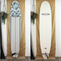 Deck and bottom view of a used Surftech Longboard with a foam deck with a camo print on the nose and a white bottom with a foam deck