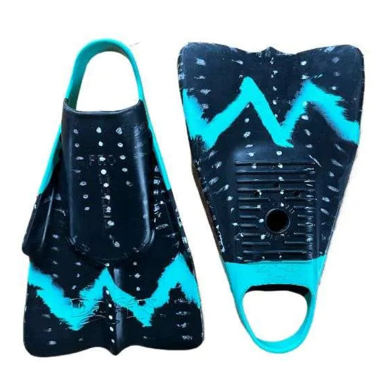 A pair of swim fins shown from both the front and back views against a plain white background. The fins are dark navy blue with a turquoise zig-zag pattern and turquoise trim.