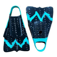 A pair of swim fins shown from both the front and back views against a plain white background. The fins are dark navy blue with a turquoise zig-zag pattern and turquoise trim.