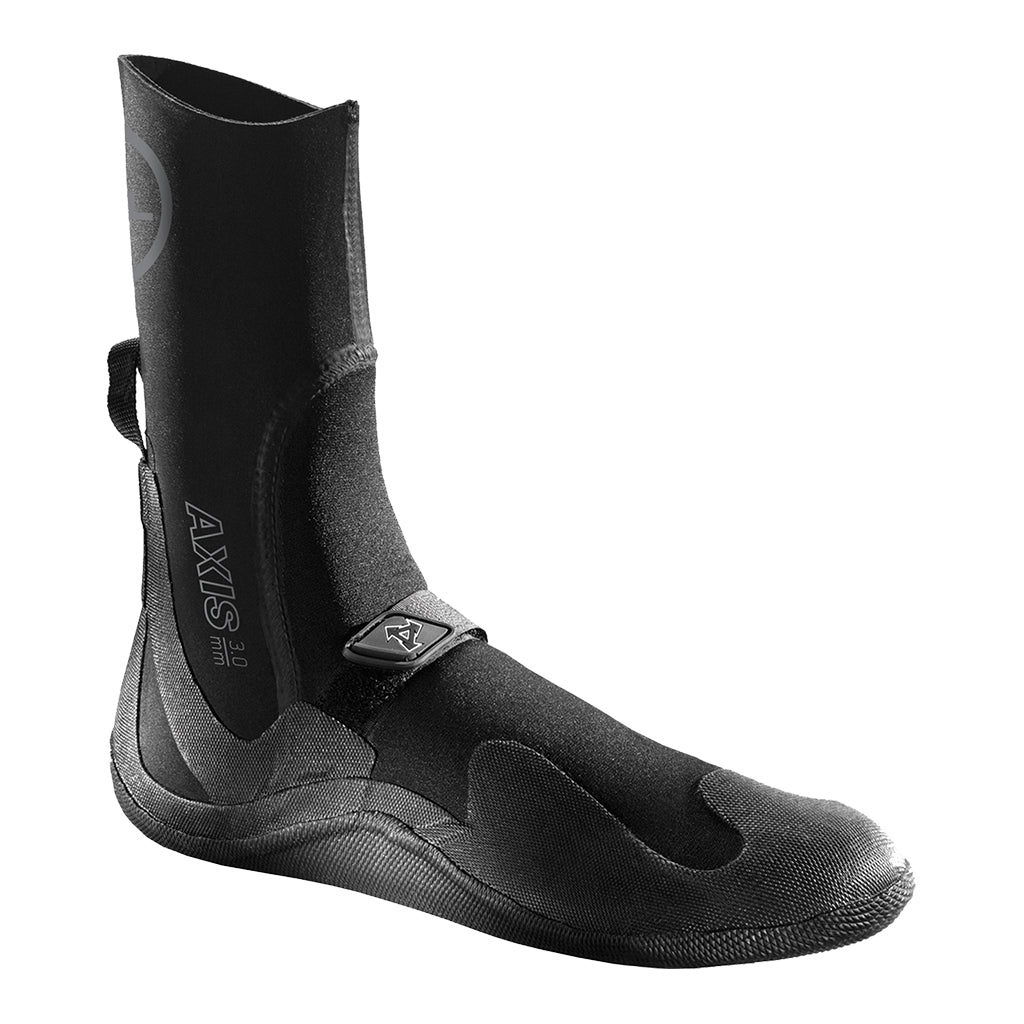 Black diving boot with 'Axis' branding on a white background