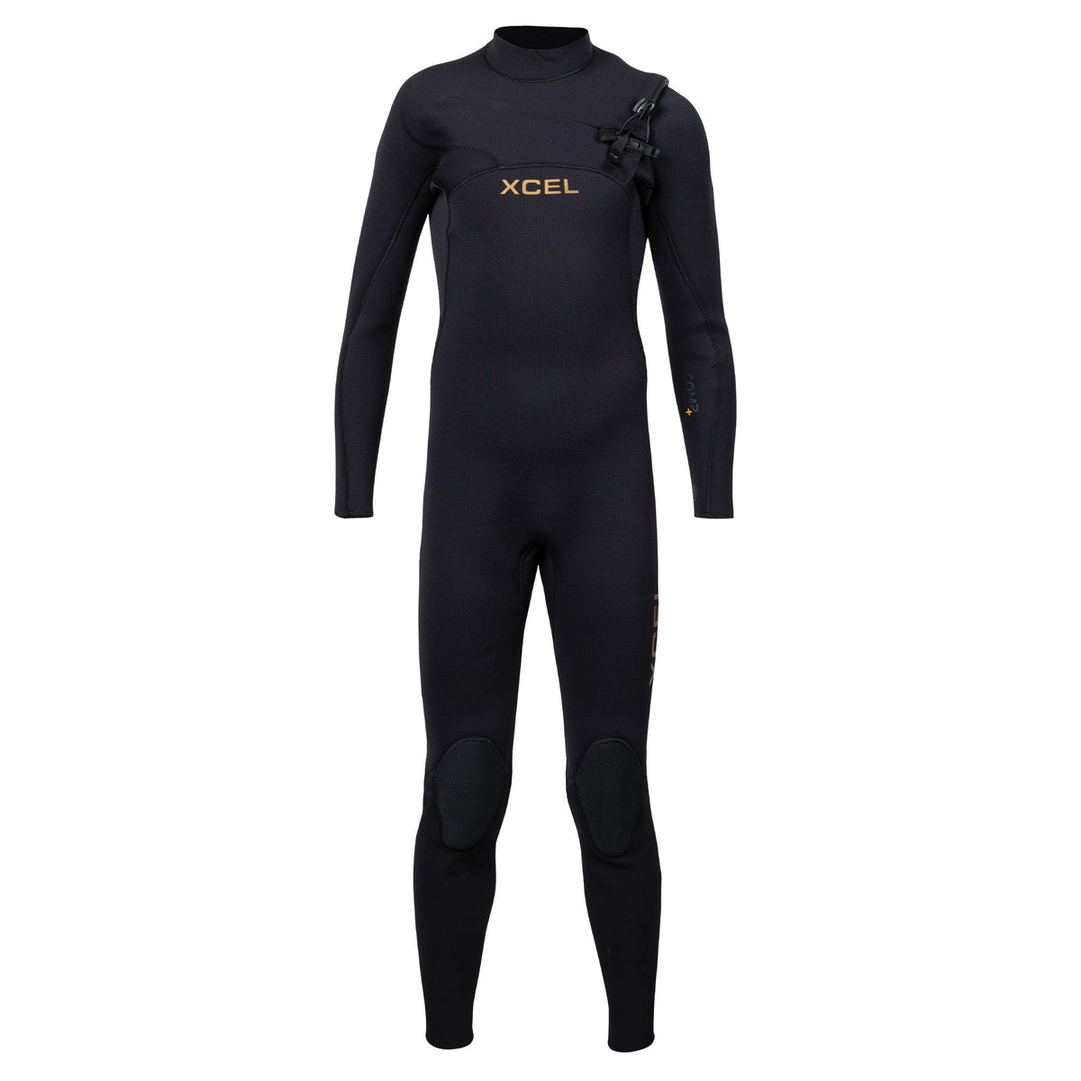 Black wetsuit with XCEL branding on a white background
