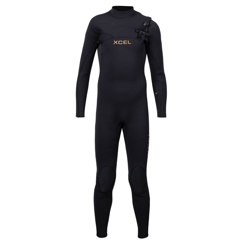 Black wetsuit with XCEL branding on a white background
