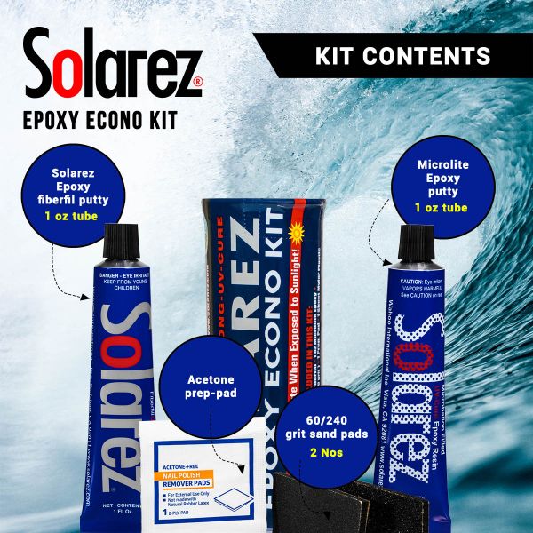 Solarez Epoxy Econo Kit with various components on a blue wave background