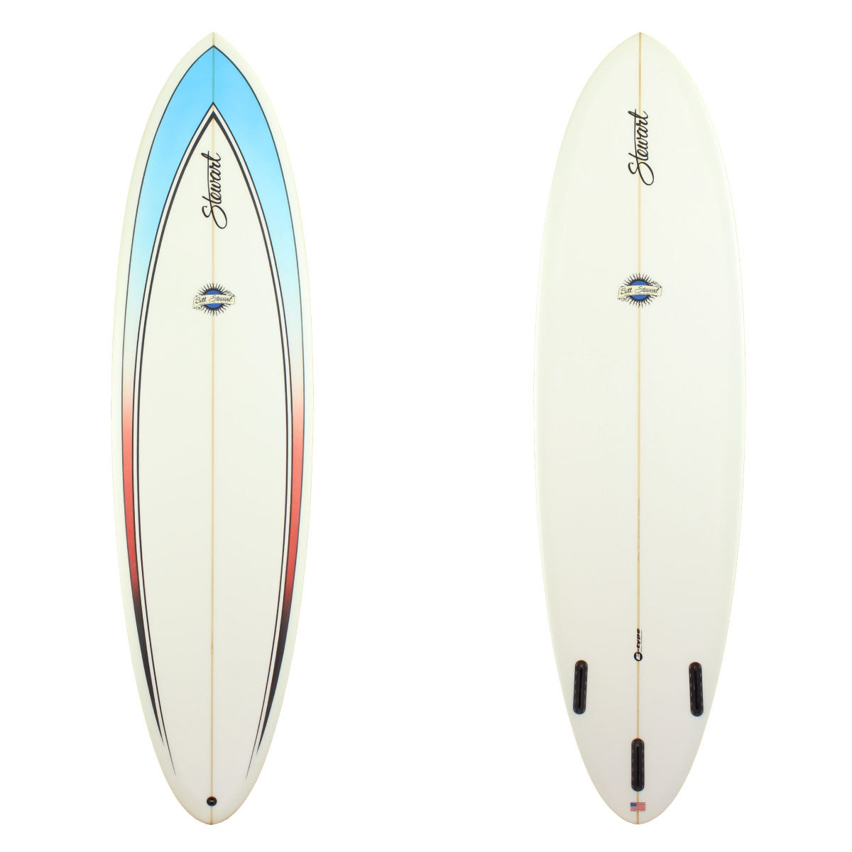 Stewart Surfboards 7'4 Funboard Comp with painted deck panels blue fading to red to black