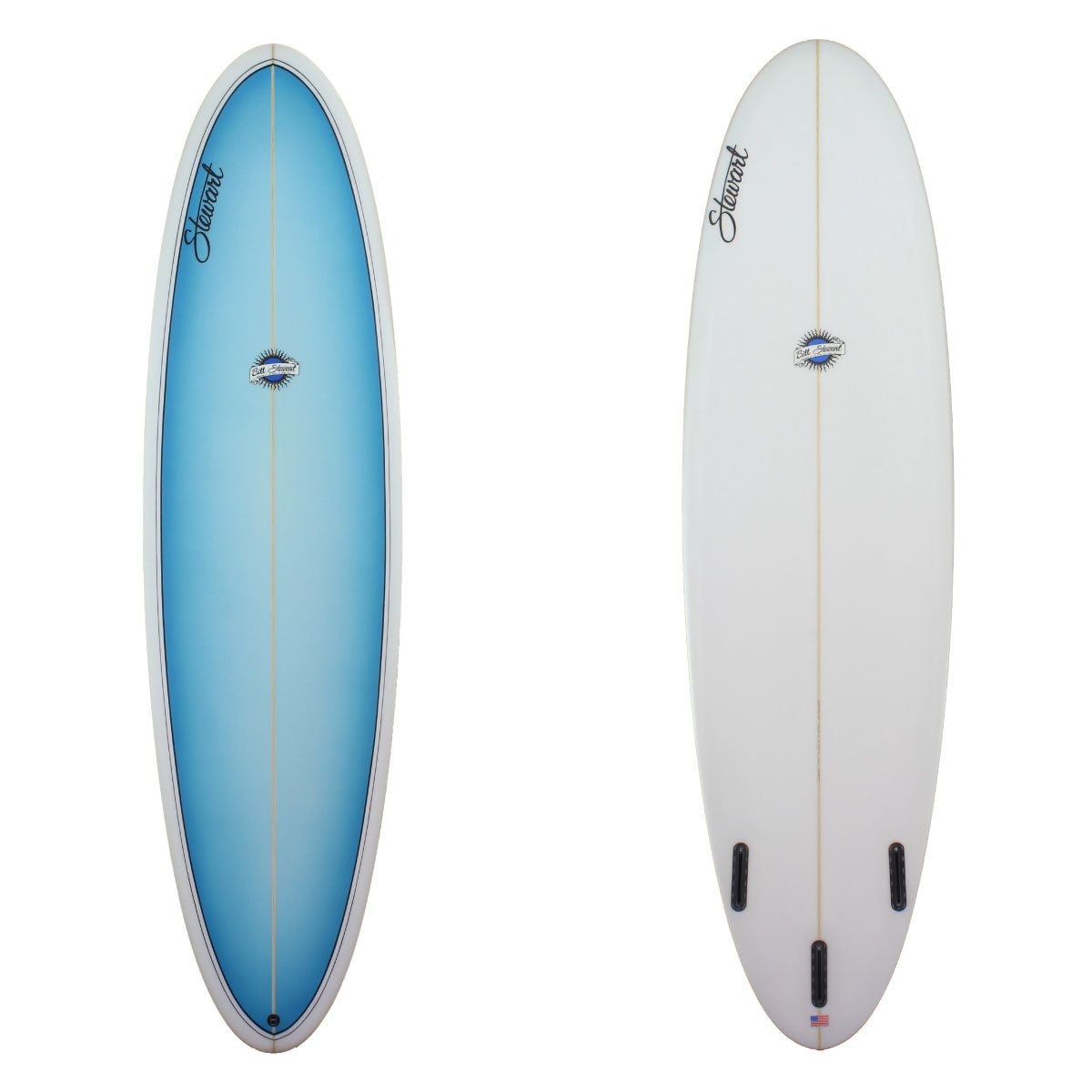 deck and bottom view of stewart funboard with blue paint 